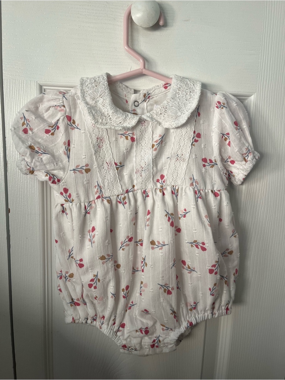 Baby Girls White Floral Bubble Romper with Lace Collar